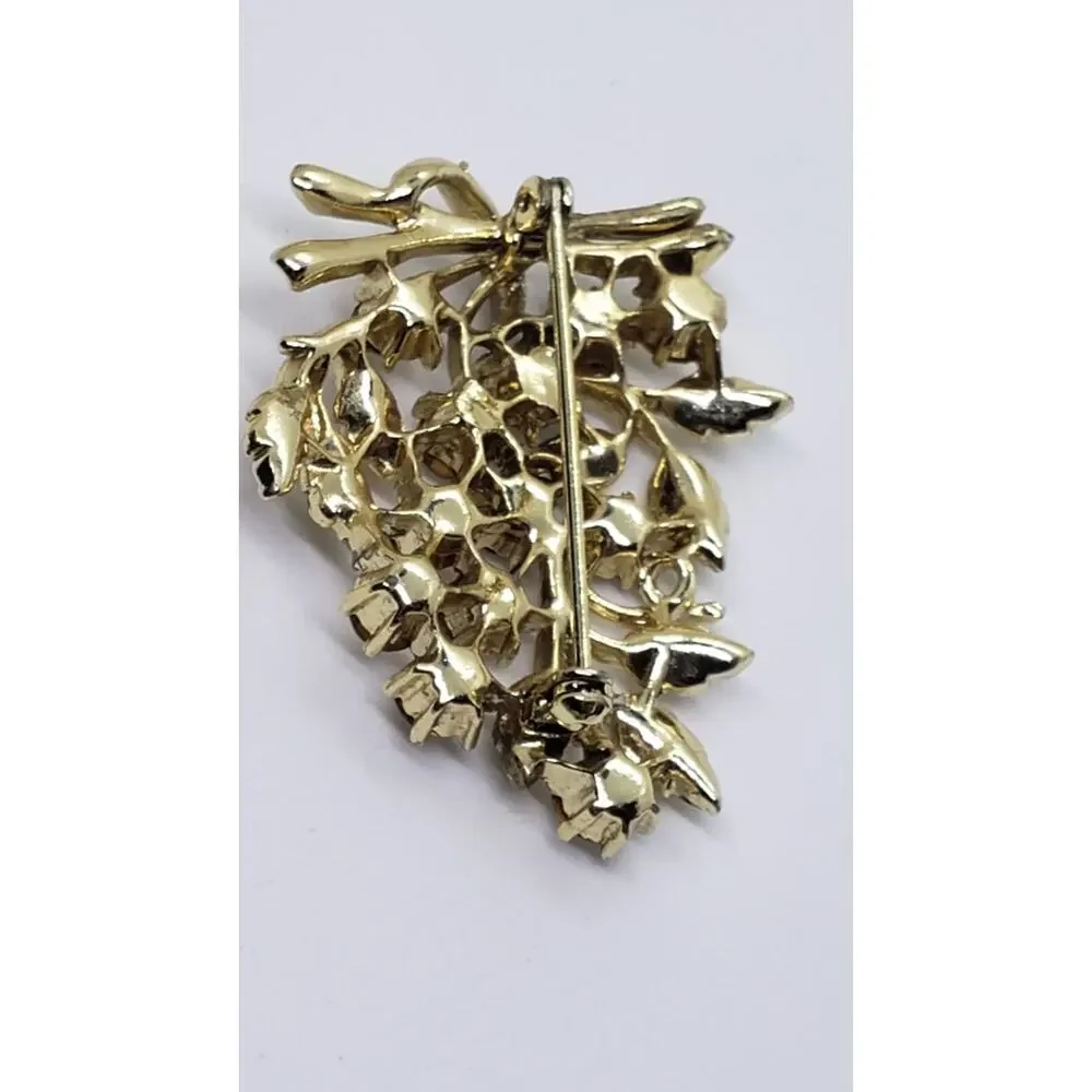 Vintage Brooch Figural Leaf Clear Rhinestone Gold Tone